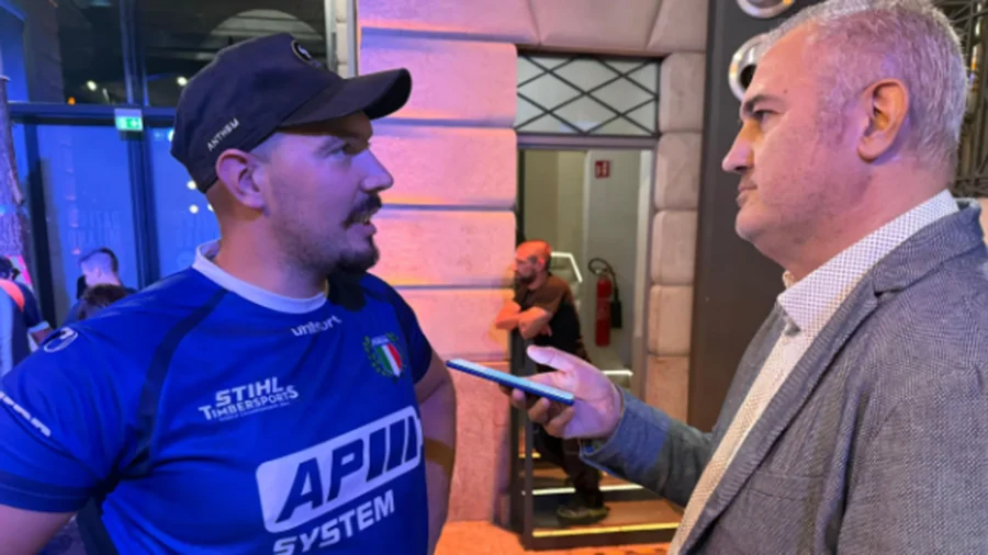 Michel Perrin sharpens axe ahead of Stihl Timbersports world championship in Milan, Italy